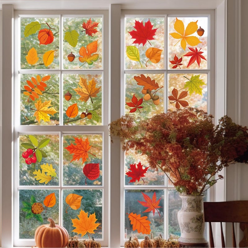 DothRayan Fall Window Clings, 9 Sheets Autumn Maple Leaf Window Decals Clings for Glass Windows Thanksgiving Decorations - Image 5
